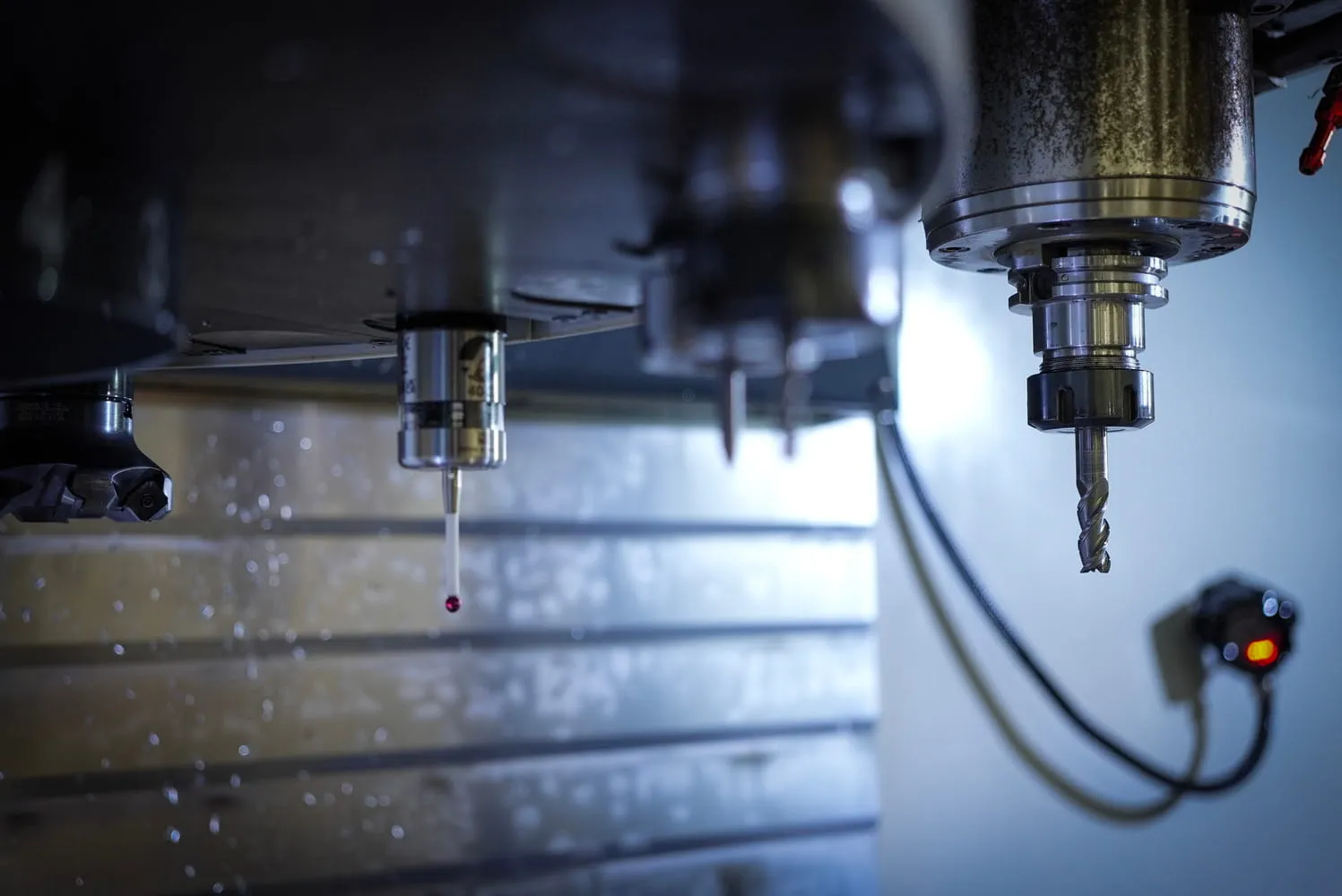 CNC machining center with touch probe and end mill for precision food-grade component manufacturing